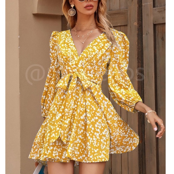 Rouge! Dresses & Skirts - Yellow Ditsy Floral Print Mini Dress V-Neck Ties 3/4 Puff Sleeve Fit & Flare